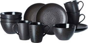 Frontalansicht eines 12-teiligen Frühstücksservices in dunklem, strukturiertem Design mit Tassen, Schalen und Tellern.