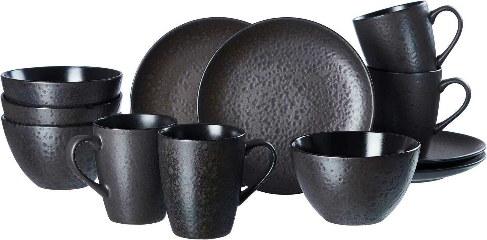 Frontalansicht eines 12-teiligen Frühstücksservices in dunklem, strukturiertem Design mit Tassen, Schalen und Tellern.