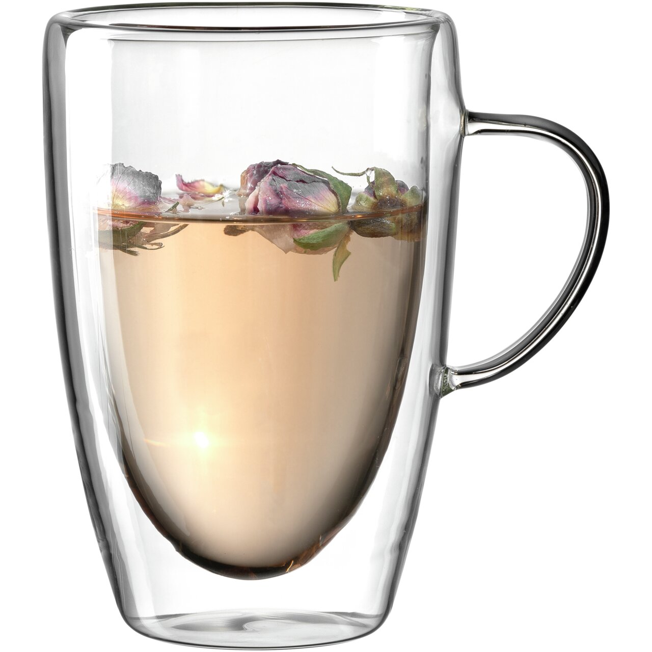 Dubbelwandige mok Duo 400 ml met oor, gevuld met thee en bloemen, zijaanzicht