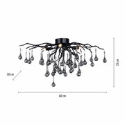 Moderne Deckenleuchte ICICLE mit schwarzen, verzweigten Armen und hängenden, tropfenförmigen Glaselementen, seitliche Perspektive.