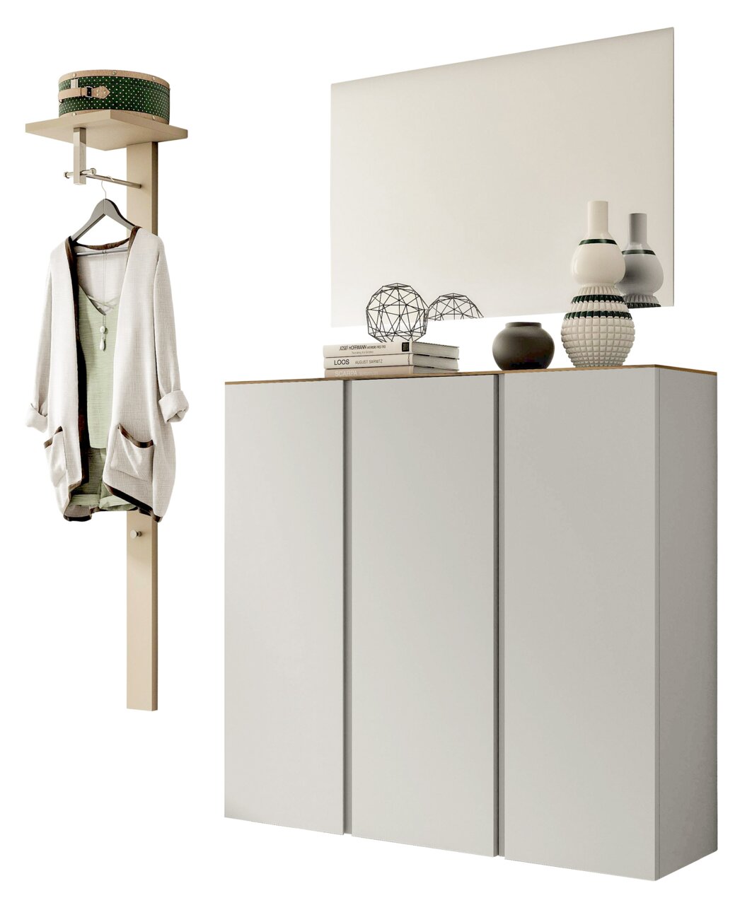 Garderobenset mit einem modernen, minimalistischen Design, bestehend aus einem hohen Schrank mit drei Türen, einem großen Spiegel und einer Wandgarderobe mit Haken und Ablage. Perspektive: Frontalansicht.