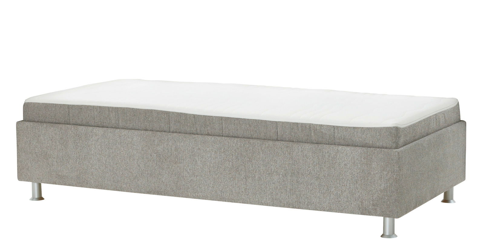 Beldomo Sleep Polsterliege ohne Umbau SANDRO Polsterliege ohne Umbau in seitlicher Perspektive, grauer Stoffbezug mit weißen Metallfüßen