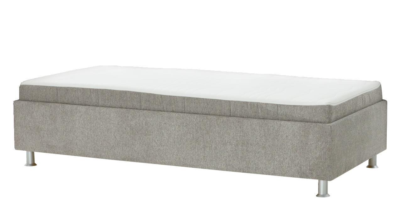 Beldomo Sleep Polsterliege ohne Umbau SANDRO Polsterliege ohne Umbau in seitlicher Perspektive, grauer Stoffbezug mit weißen Metallfüßen