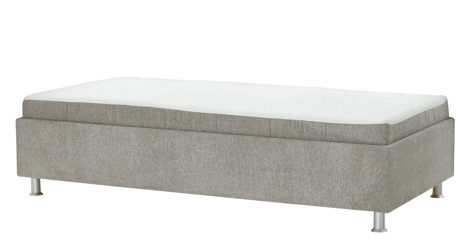 Beldomo Sleep Polsterliege ohne Umbau SANDRO Polsterliege ohne Umbau in seitlicher Perspektive, grauer Stoffbezug mit weißen Metallfüßen