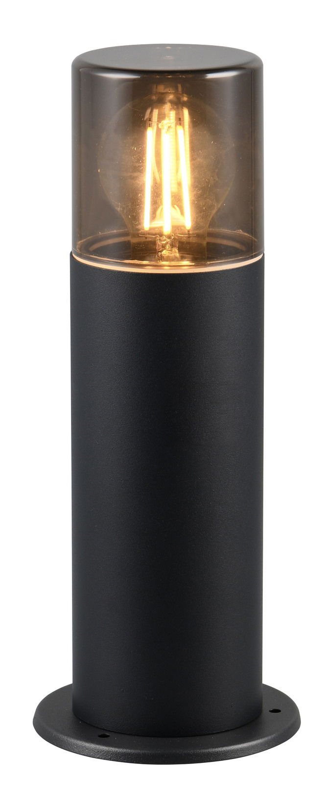 Schwarze Außenleuchte in zylindrischer Form mit sichtbarem Leuchtmittel, seitliche Perspektive