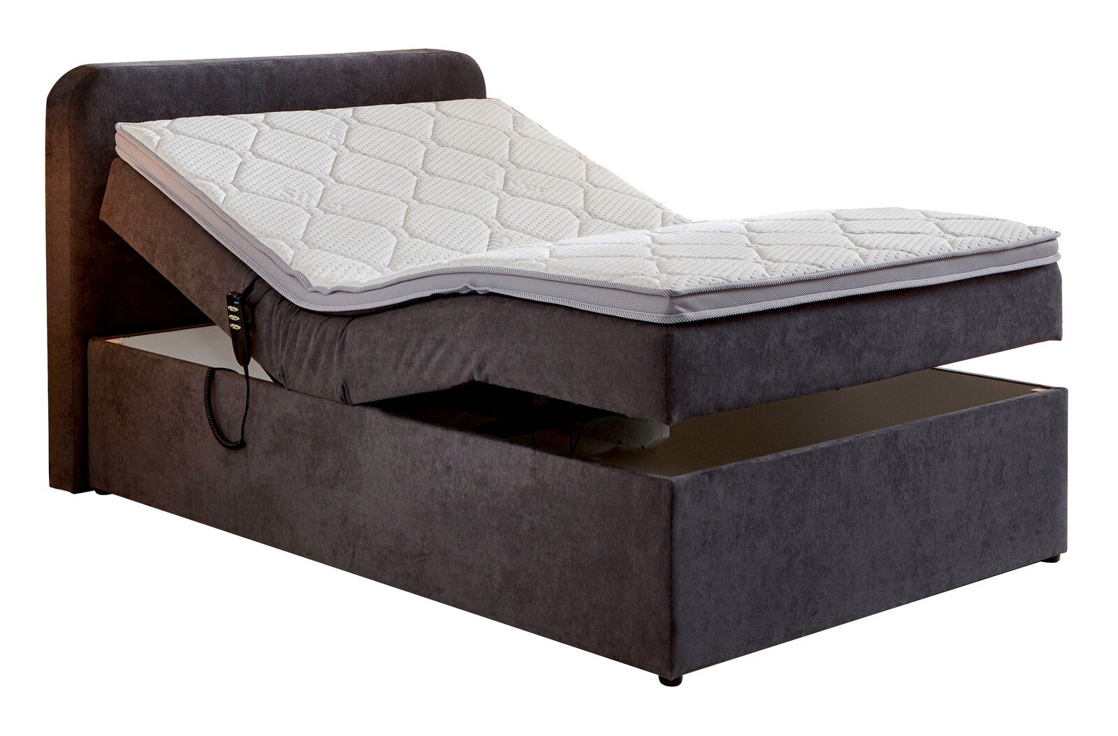 Boxbett mit Motor, seitliche Perspektive, teilweise angehobene Matratze, grauer Stoffbezug