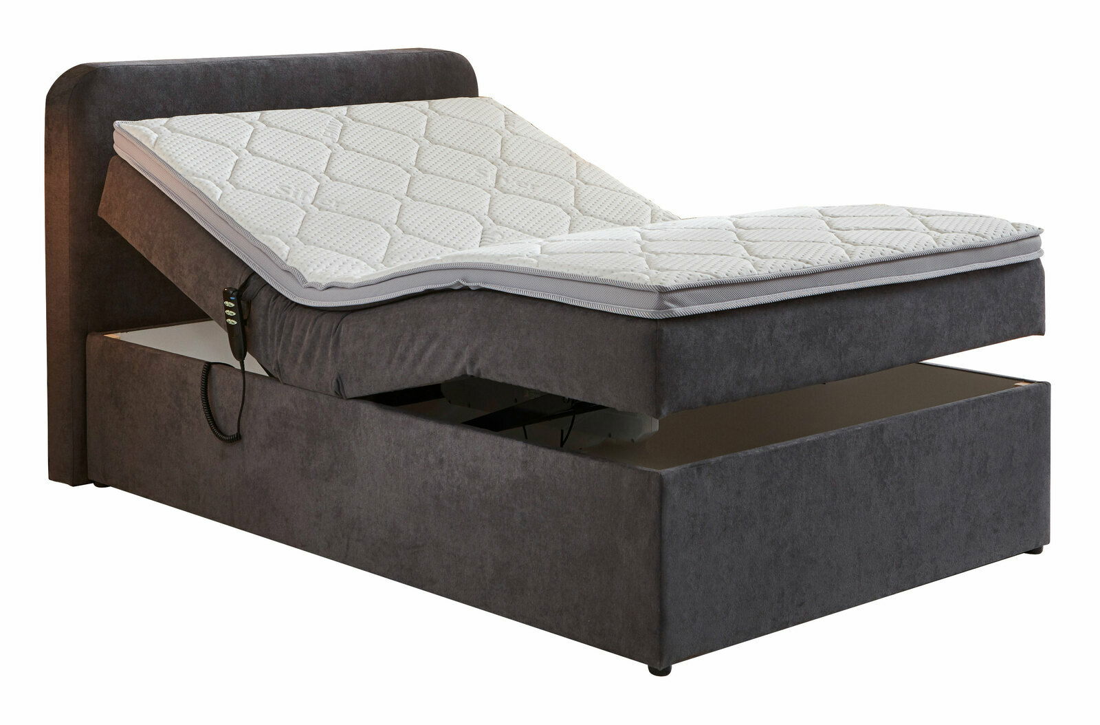 Boxbett mit Motor, seitliche Perspektive, teilweise angehobene Matratze, grauer Stoffbezug