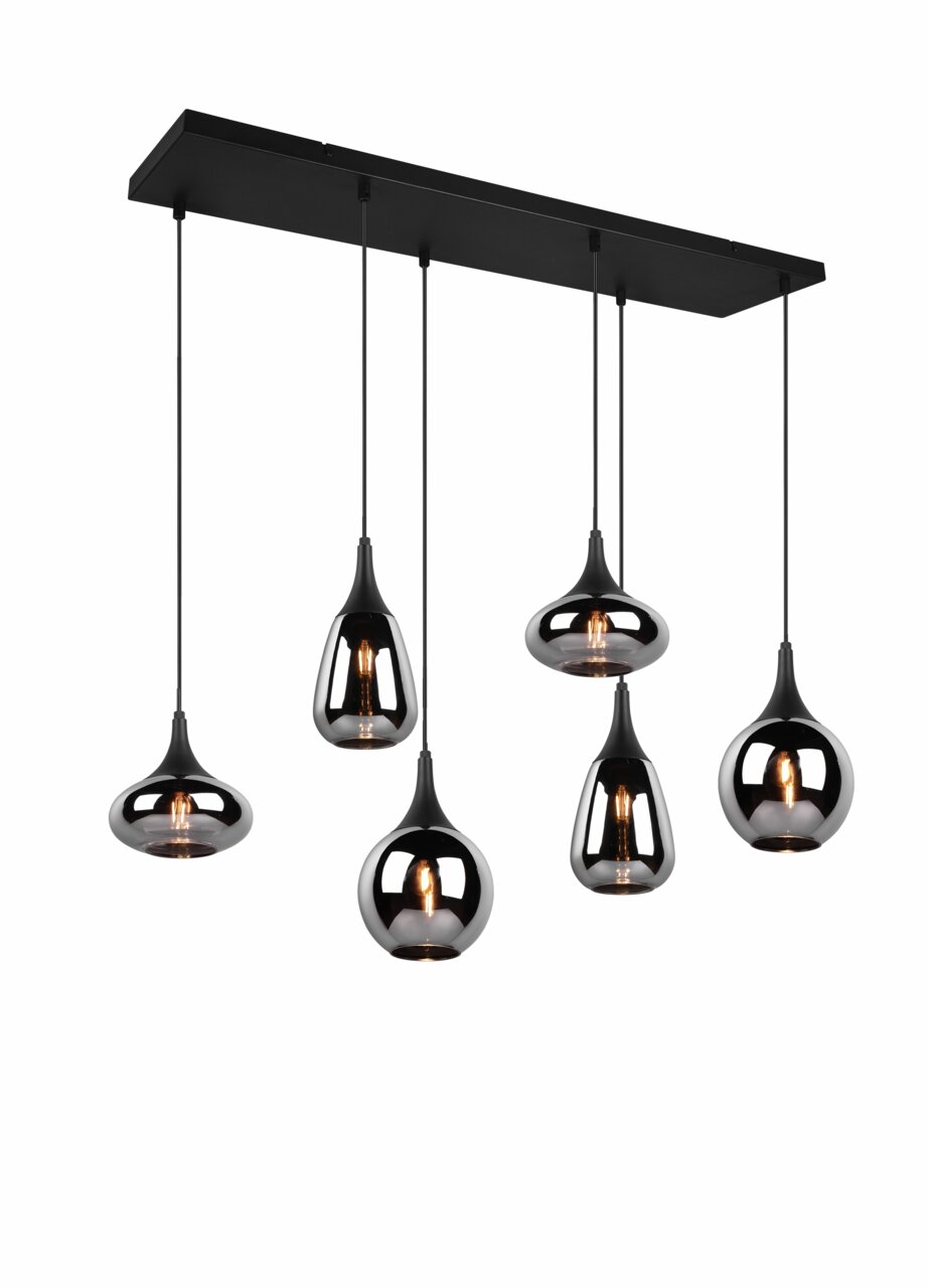 Trio Leuchten Hanglamp LUMINA Moderne Pendelleuchte mit sechs schwarzen, glänzenden Lampenschirmen in verschiedenen Formen, von einer rechteckigen Deckenhalterung hängend. Seitenansicht.