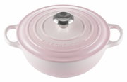 Roze gietijzeren pan La Marmite 24 cm, gezien van bovenaf, met twee handvatten en een roestvrijstalen knop