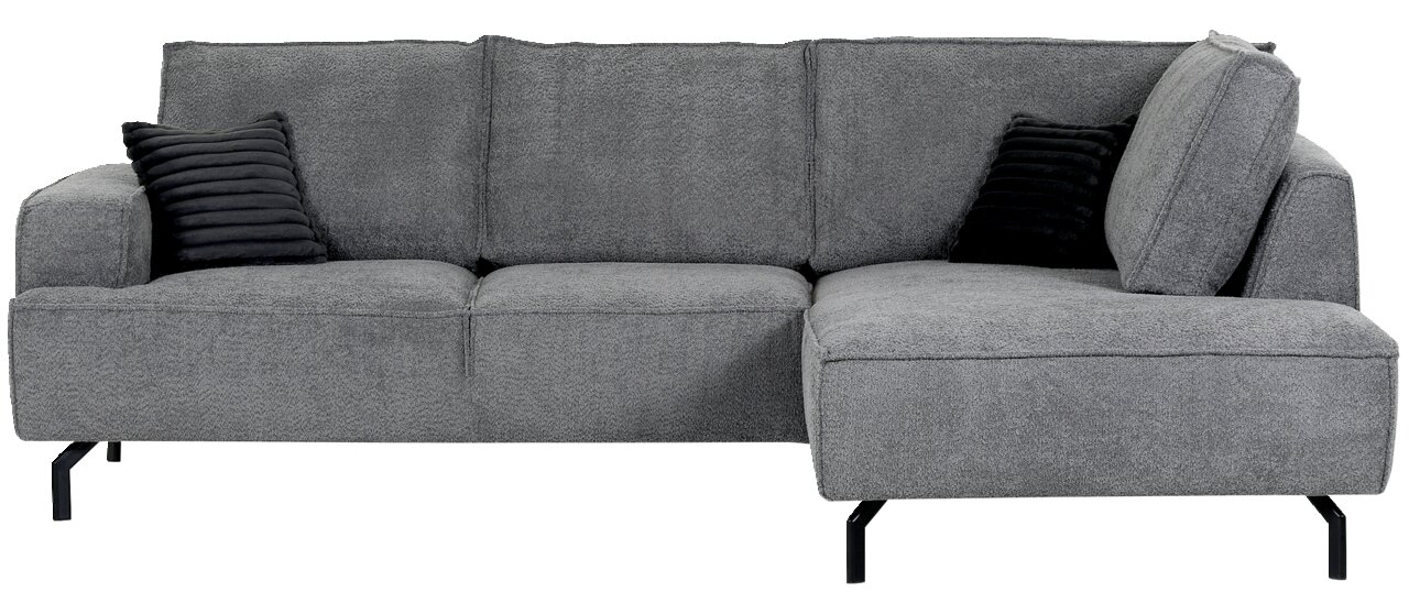 Graues Ecksofa mit Ottomane rechts, zwei schwarzen Kissen, Vorderansicht