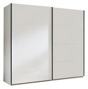 Moderner Schwebetürenschrank in Weiß mit schwarzem Rahmen, seitliche Perspektive