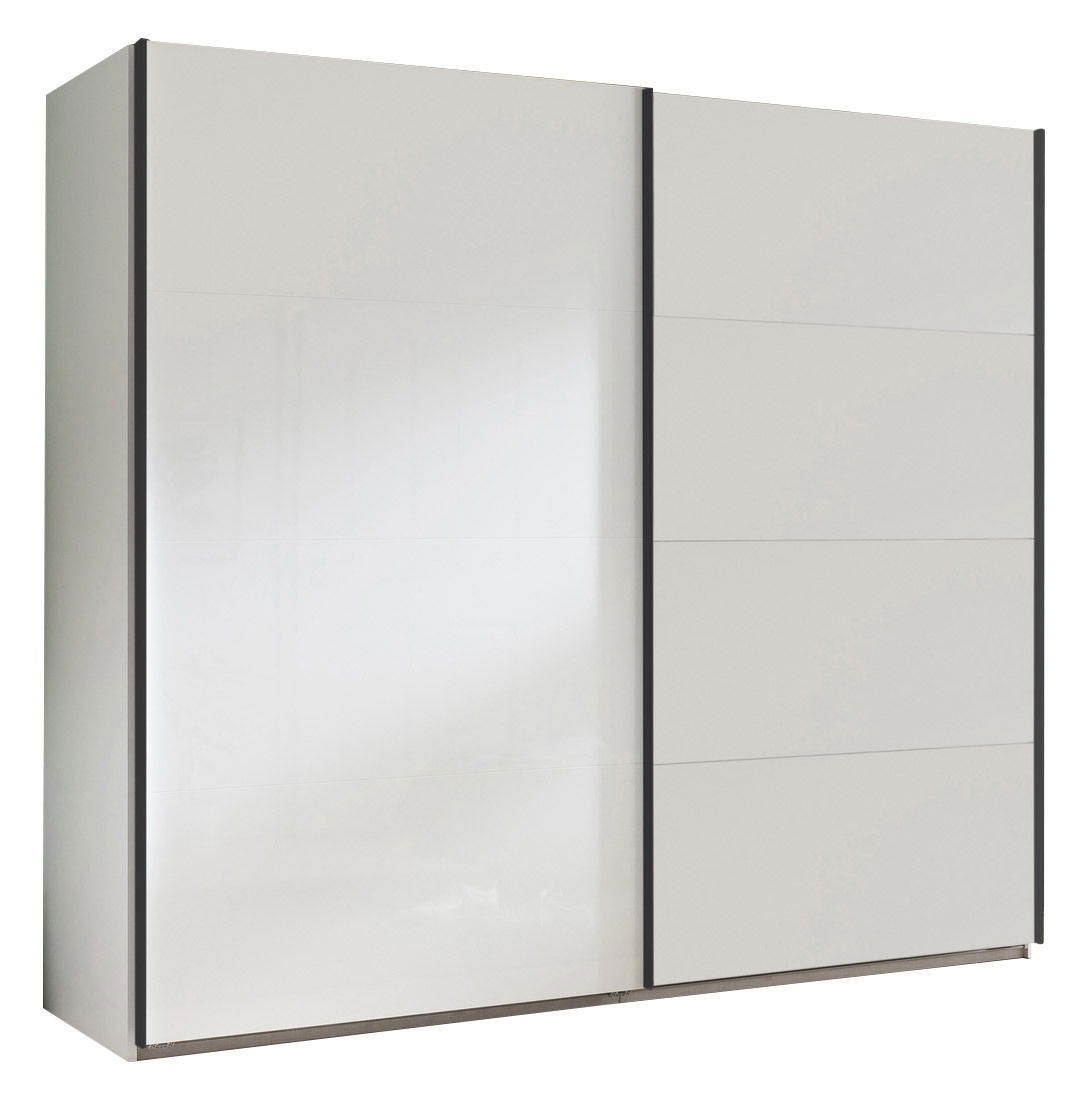 Moderner Schwebetürenschrank in Weiß mit schwarzem Rahmen, seitliche Perspektive