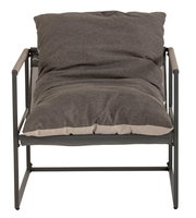 Frontansicht eines modernen Lounge-Sessels mit grauem Kissen und Metallrahmen.