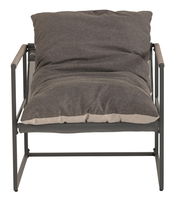 Frontansicht eines modernen Lounge-Sessels mit grauem Kissen und Metallrahmen.