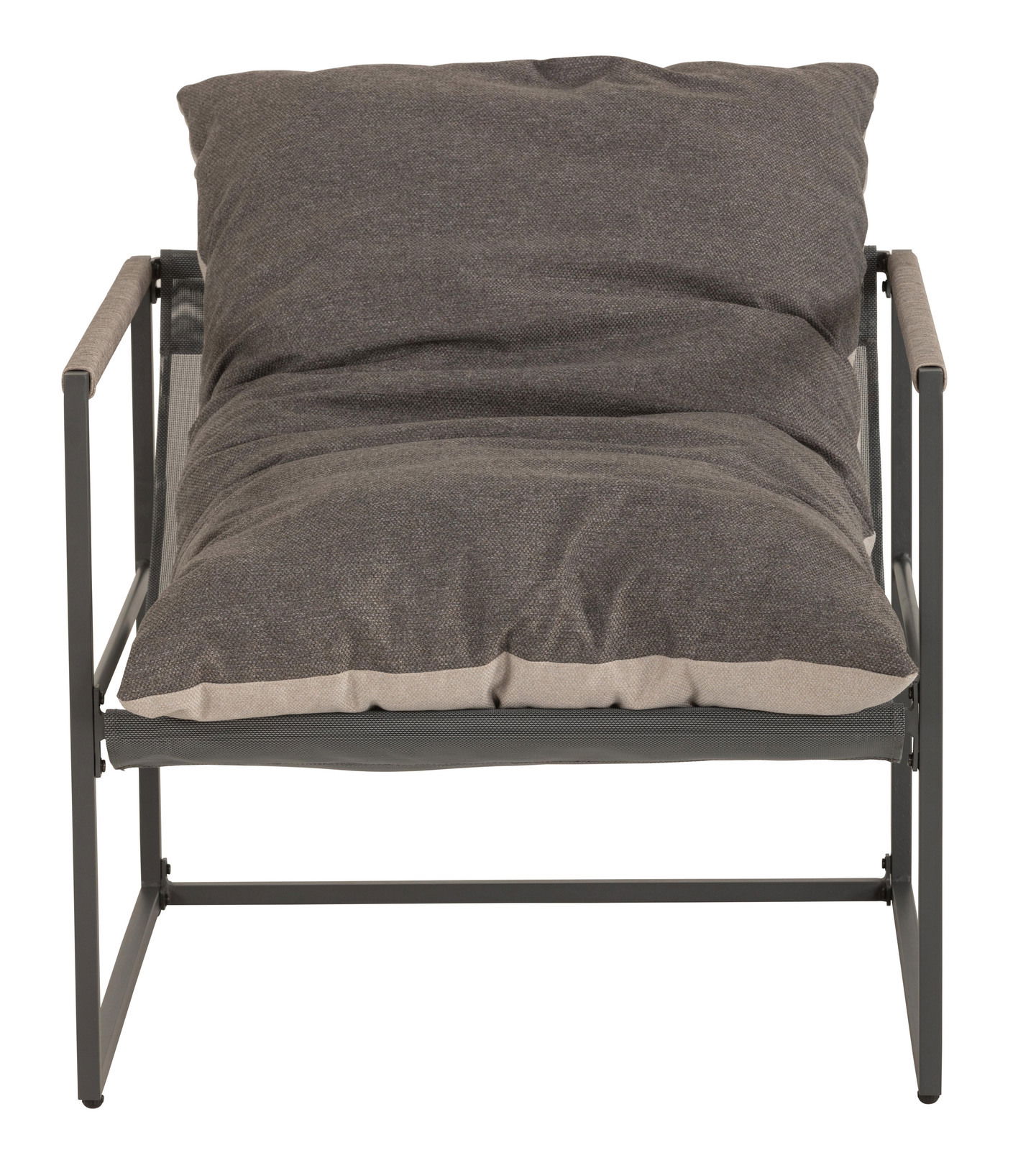 Frontansicht eines modernen Lounge-Sessels mit grauem Kissen und Metallrahmen.