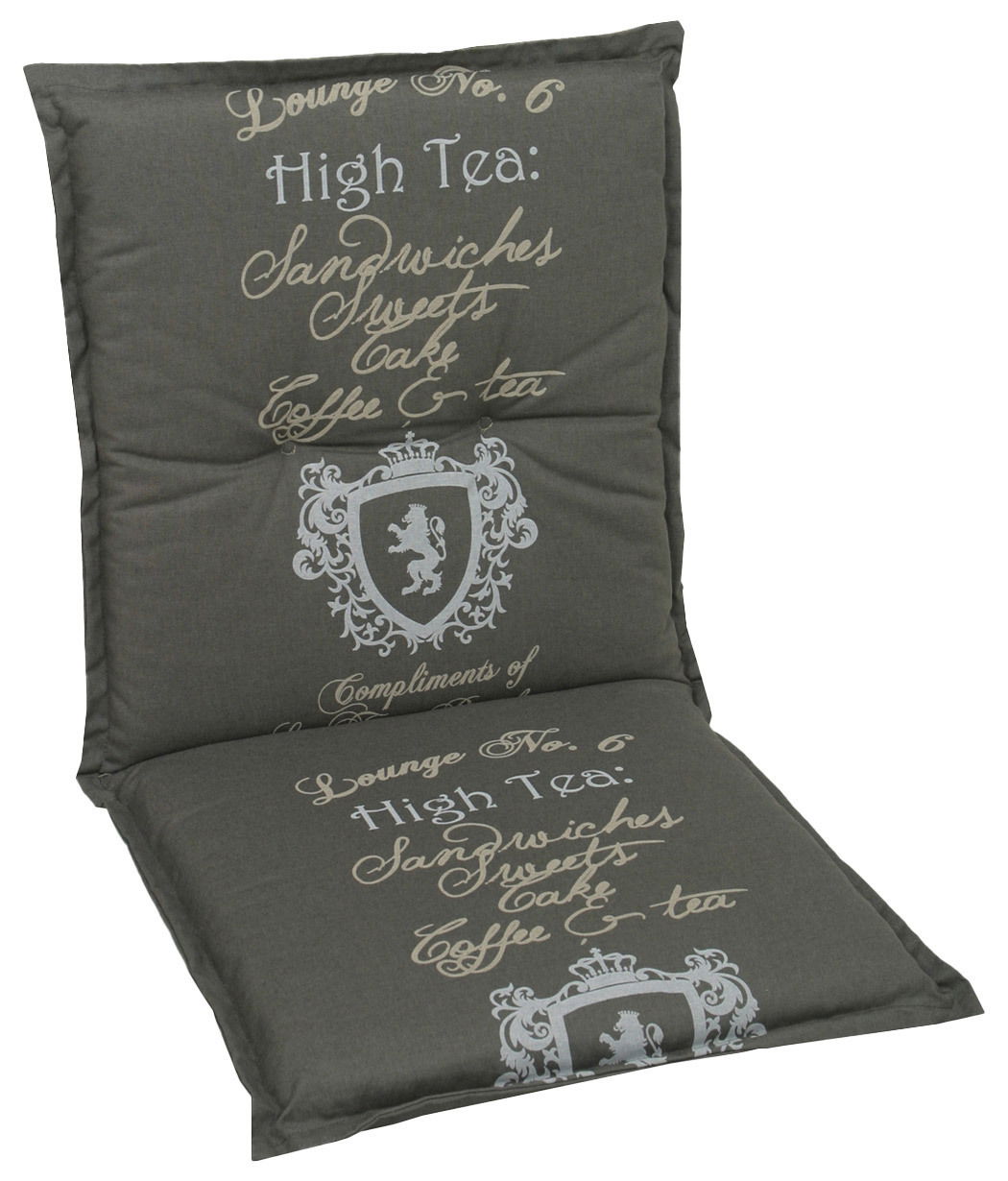 Niederlehnerauflage mit dekorativem Schriftzug und Wappen, seitliche Perspektive