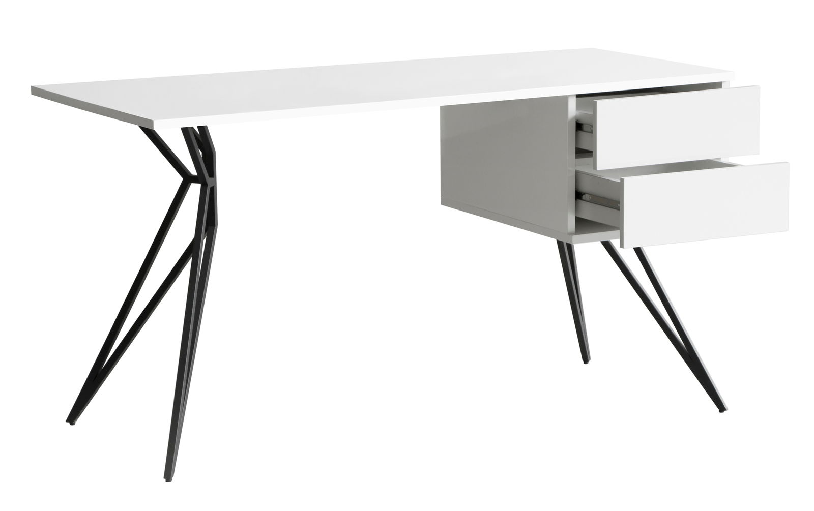Moderner weißer Schreibtisch mit schwarzen Metallbeinen und zwei offenen Schubladen, seitliche Perspektive