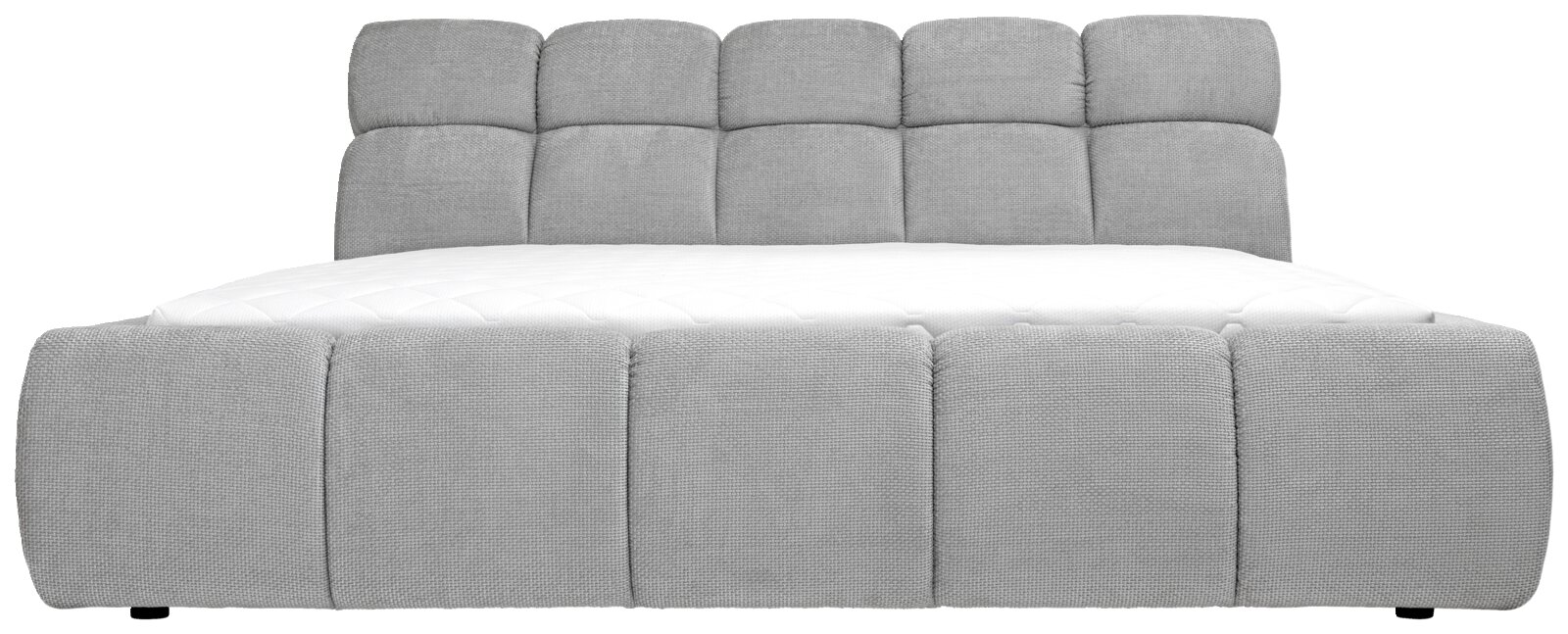 Graues Polsterbett mit gestepptem Kopfteil, Frontalansicht