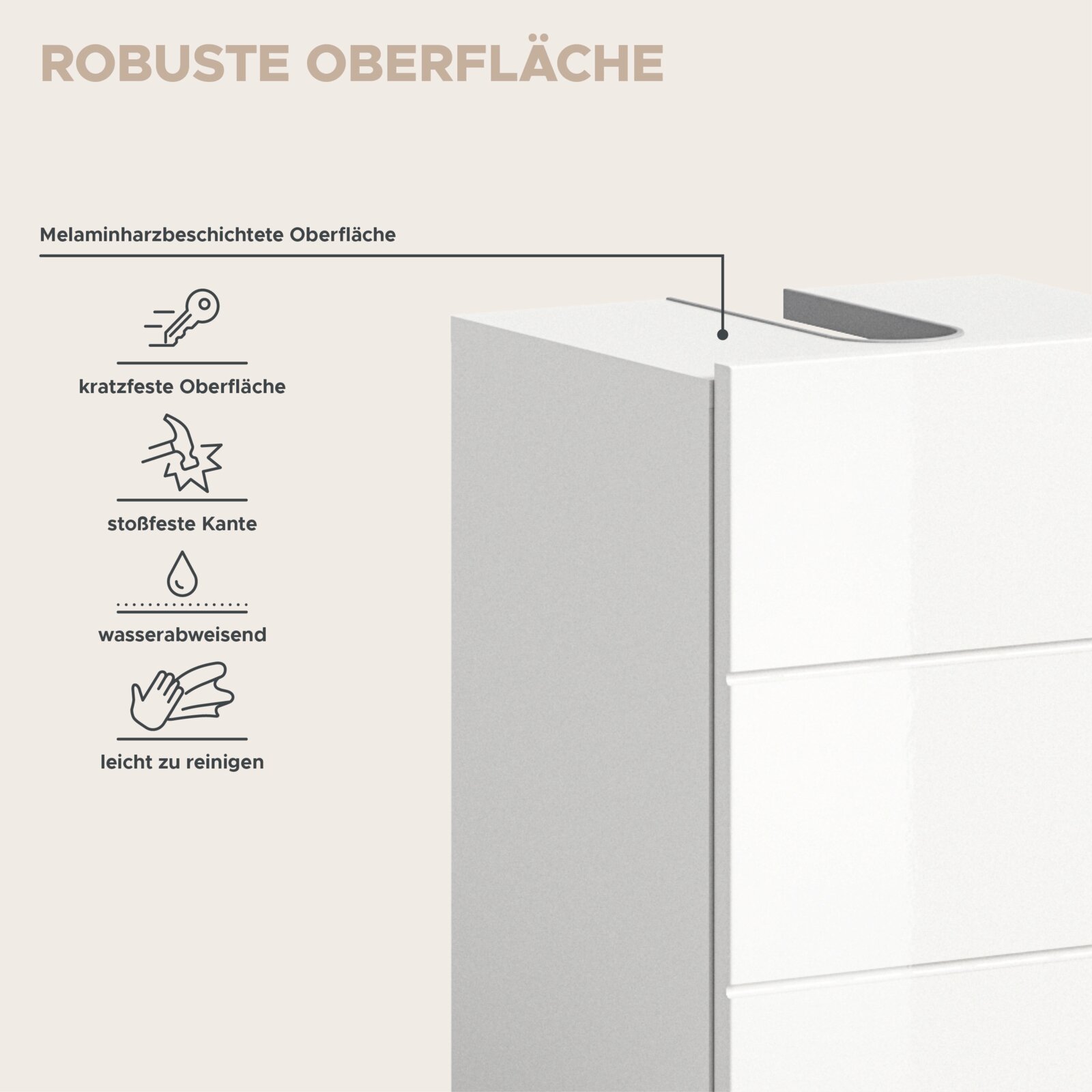Badkombination mit robuster, melaminharzbeschichteter Oberfläche, kratzfest, stoßfest, wasserabweisend und leicht zu reinigen. Perspektive von der Seite.