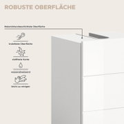 Badkombination mit robuster, melaminharzbeschichteter Oberfläche, kratzfest, stoßfest, wasserabweisend und leicht zu reinigen. Perspektive von der Seite.