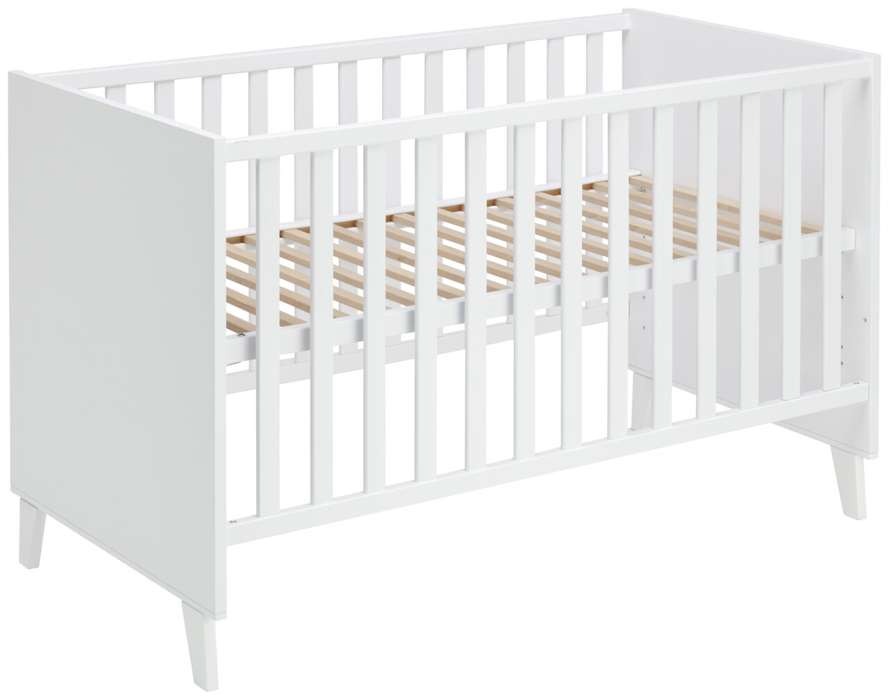 Weißes Babybett aus Holz mit Gitterstäben, seitliche Perspektive