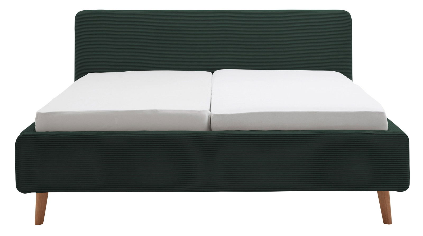 Frontale Ansicht eines Polsterbetts mit dunkelgrünem Stoffbezug und Holzfüßen.
