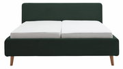 Frontale Ansicht eines Polsterbetts mit dunkelgrünem Stoffbezug und Holzfüßen.