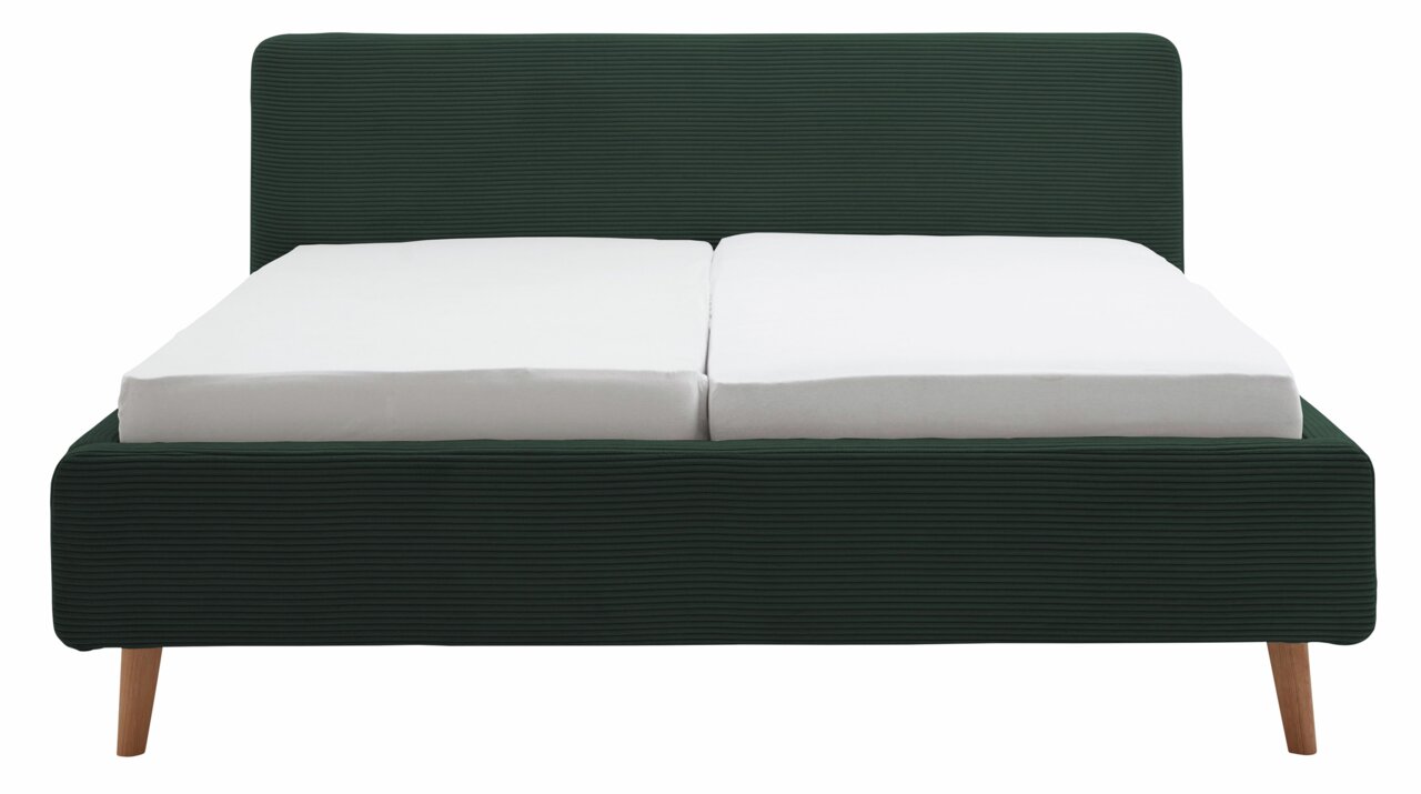 Frontale Ansicht eines Polsterbetts mit dunkelgrünem Stoffbezug und Holzfüßen.