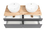 Doppelwaschtisch-Set mit zwei runden weißen Waschbecken auf einer Holzplatte, darunter vier geöffnete Schubladen in dunklem Grau. Ansicht von oben.