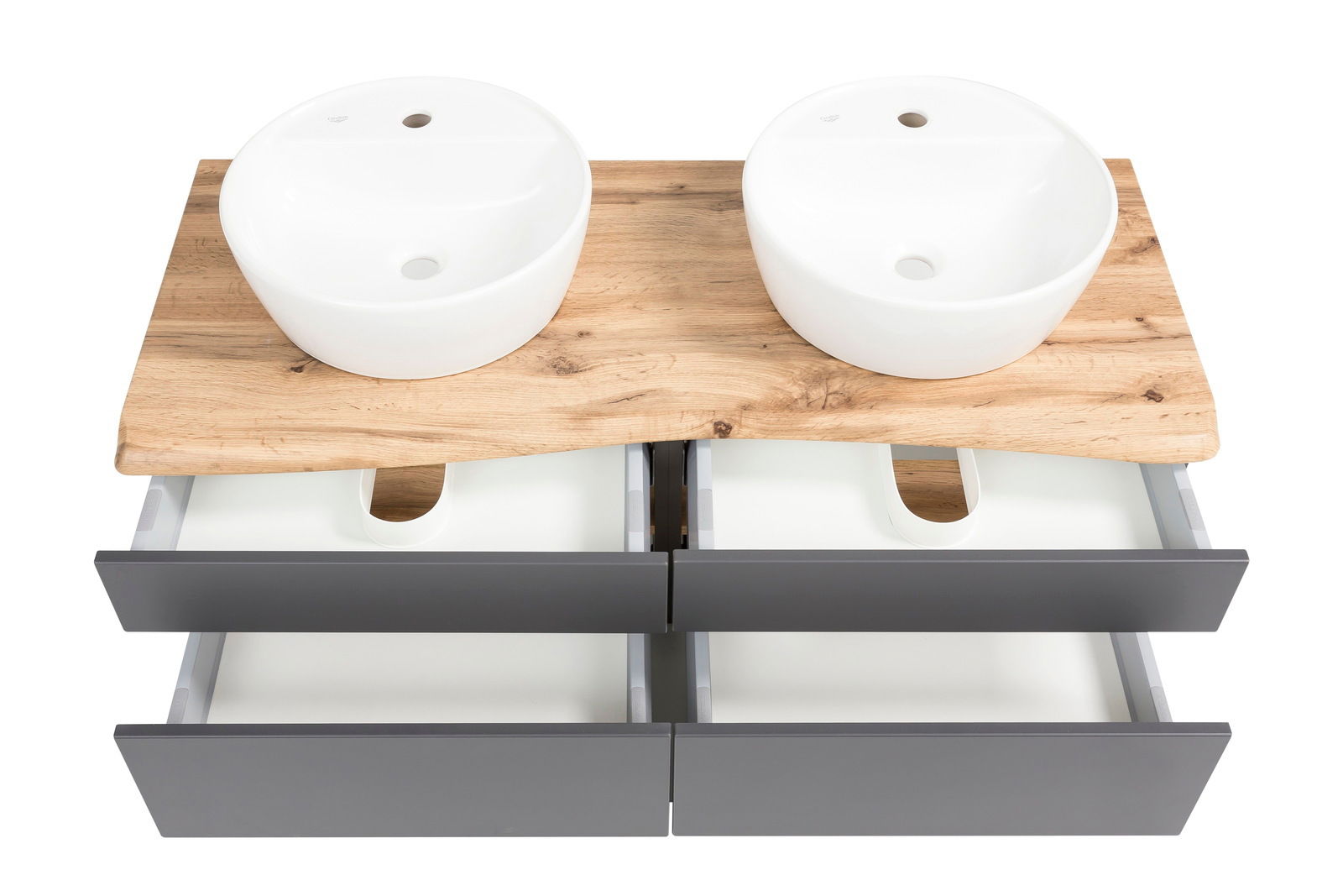 Doppelwaschtisch-Set mit zwei runden weißen Waschbecken auf einer Holzplatte, darunter vier geöffnete Schubladen in dunklem Grau. Ansicht von oben.