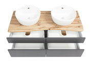 Doppelwaschtisch-Set mit zwei runden weißen Waschbecken auf einer Holzplatte, darunter vier geöffnete Schubladen in dunklem Grau. Ansicht von oben.