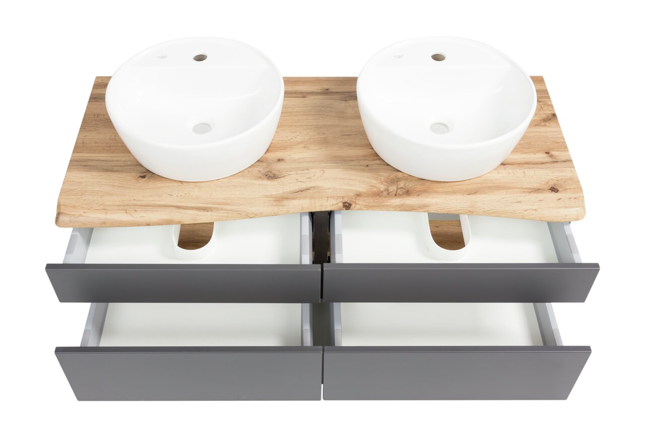 Doppelwaschtisch-Set mit zwei runden weißen Waschbecken auf einer Holzplatte, darunter vier geöffnete Schubladen in dunklem Grau. Ansicht von oben.