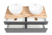 Doppelwaschtisch-Set mit zwei runden weißen Waschbecken auf einer Holzplatte, darunter vier geöffnete Schubladen in dunklem Grau. Ansicht von oben.