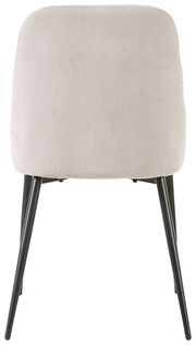 Rückansicht eines modernen Stuhls mit hellgrauem Stoffbezug und schwarzen Metallbeinen.