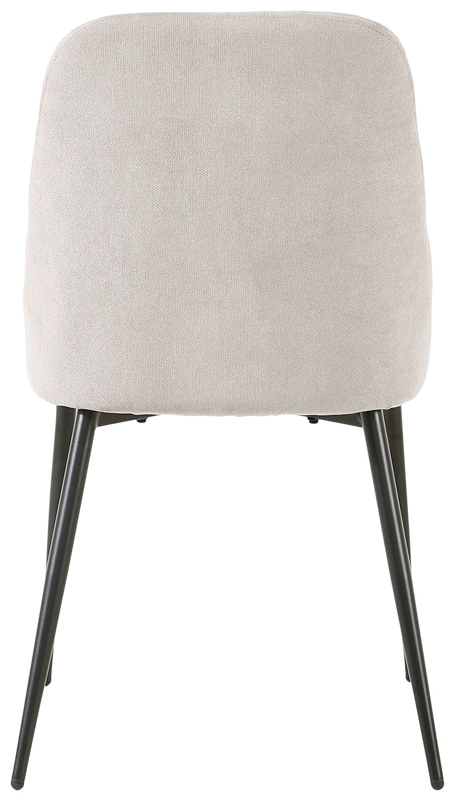 Rückansicht eines modernen Stuhls mit hellgrauem Stoffbezug und schwarzen Metallbeinen.