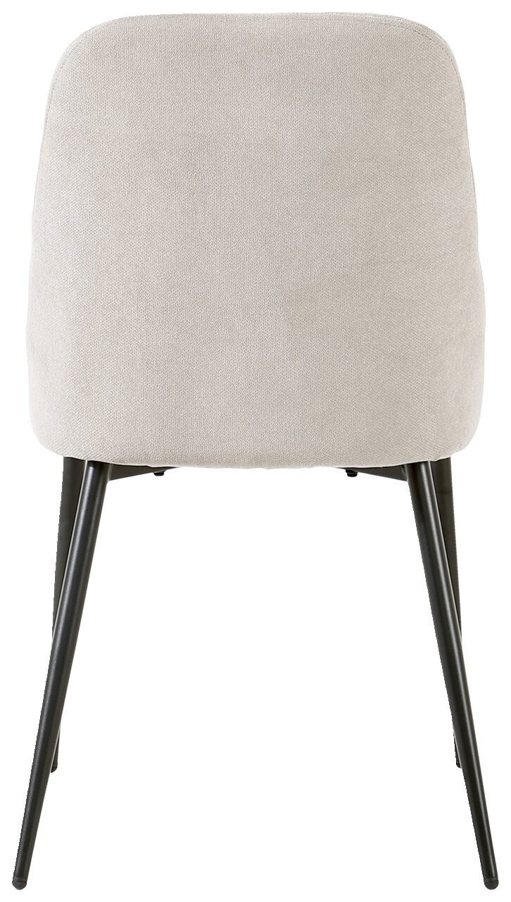 Rückansicht eines modernen Stuhls mit hellgrauem Stoffbezug und schwarzen Metallbeinen.
