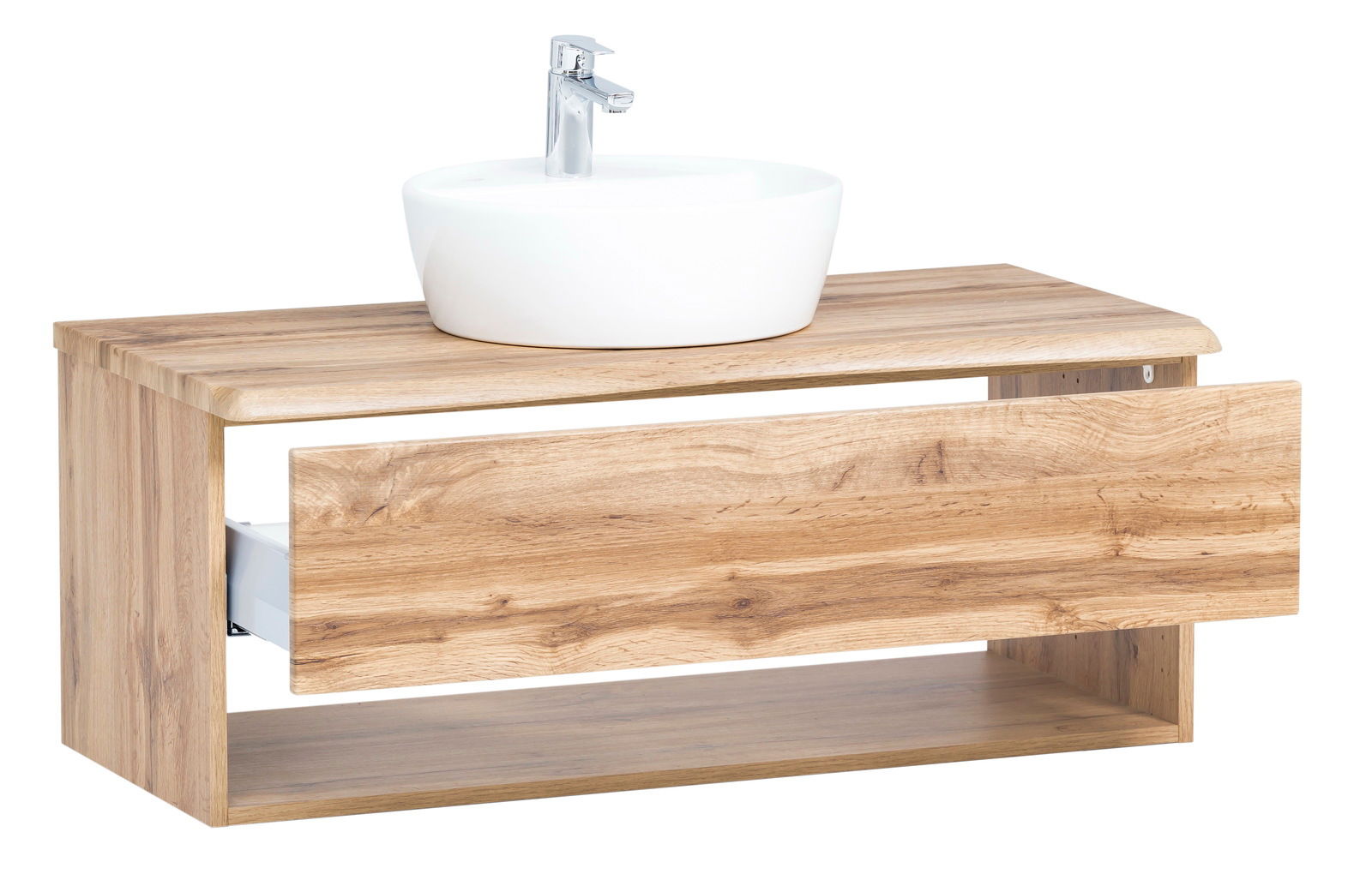 Waschtisch-Set aus Holz mit weißem Aufsatzwaschbecken und moderner Armatur, seitliche Perspektive