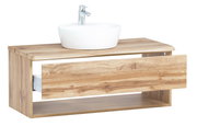 Waschtisch-Set aus Holz mit weißem Aufsatzwaschbecken und moderner Armatur, seitliche Perspektive