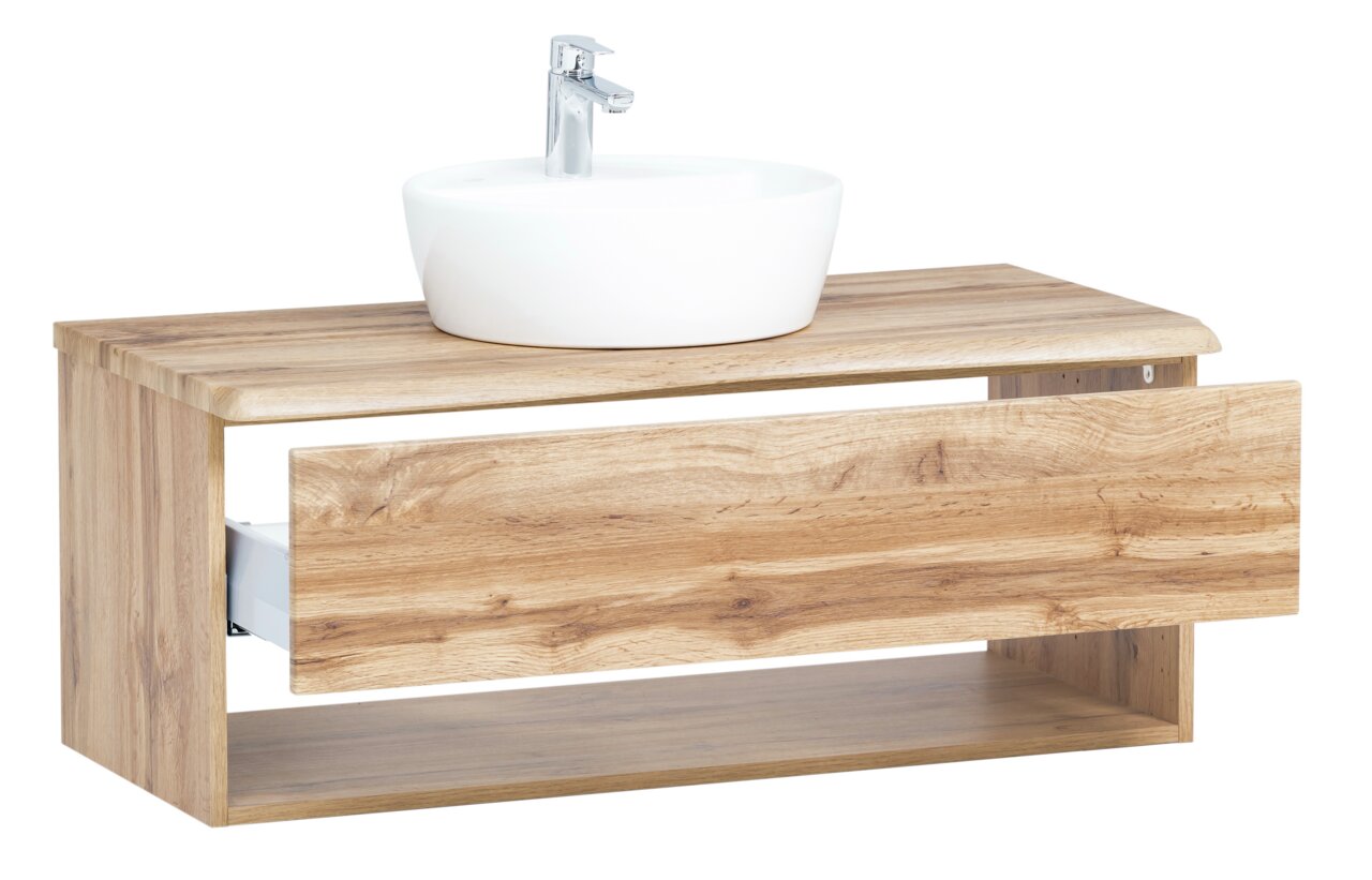 Waschtisch-Set aus Holz mit weißem Aufsatzwaschbecken und moderner Armatur, seitliche Perspektive
