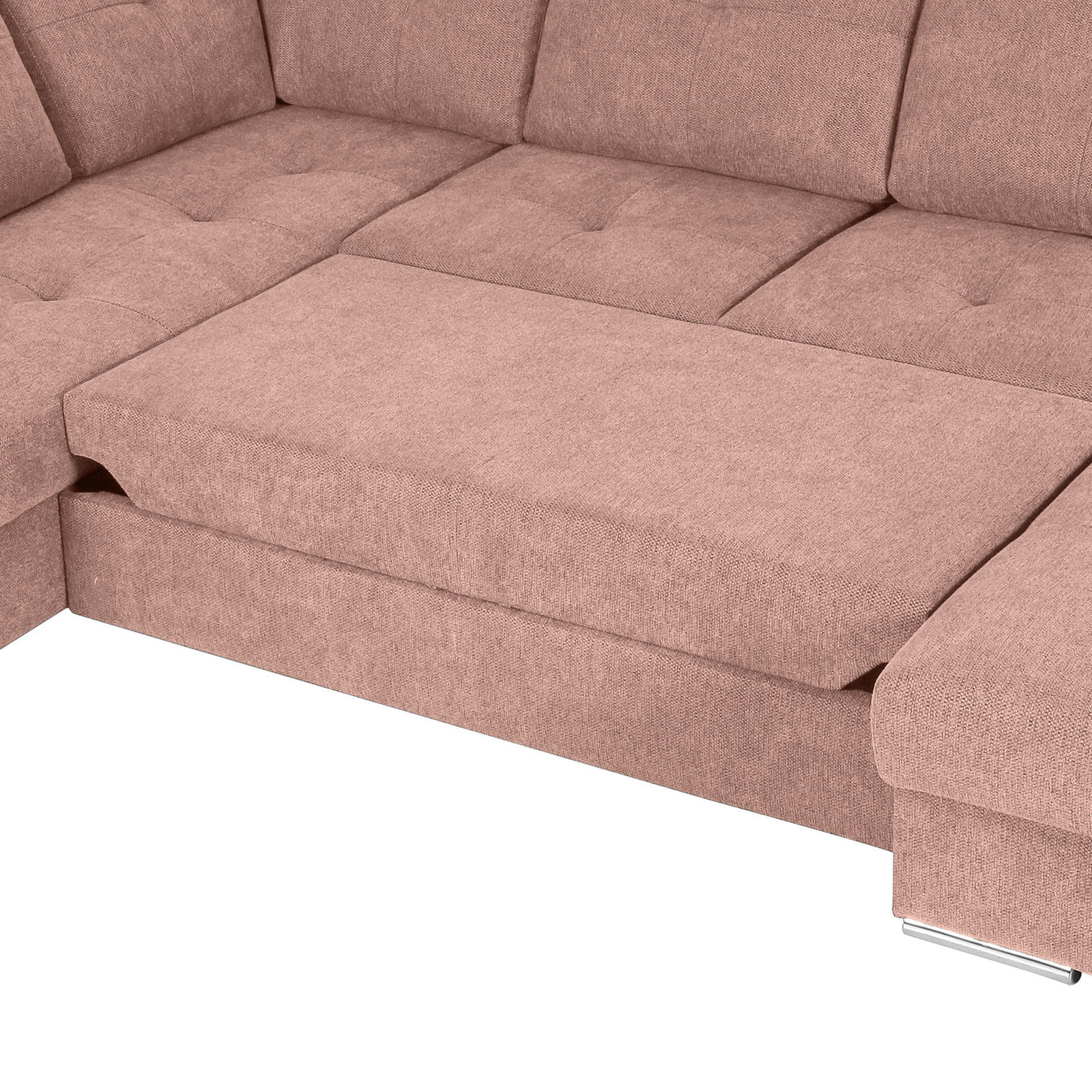 Nahaufnahme einer braunen Eckcouch mit Ottomane, perspektivisch von oben fotografiert.