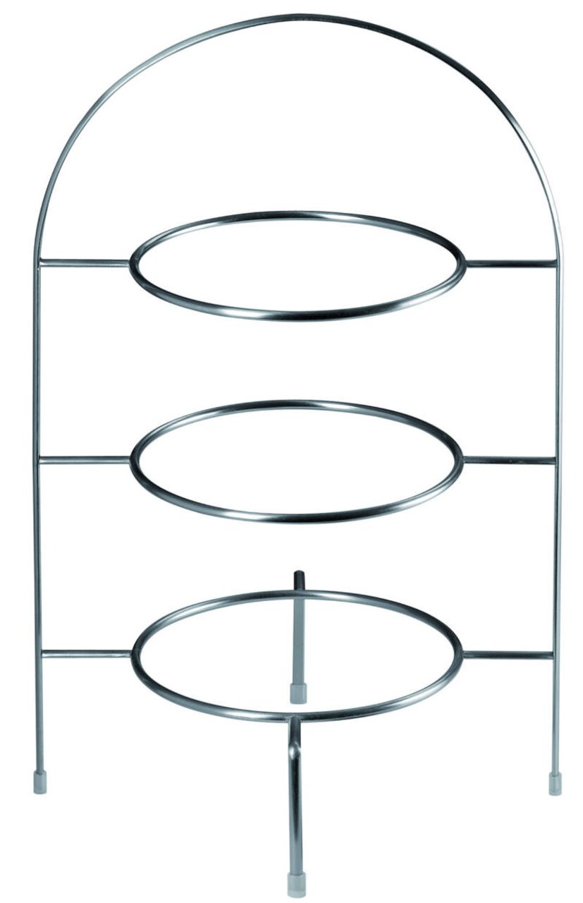 Dreistufiges Etagere-Gestänge aus Metall, frontal betrachtet.