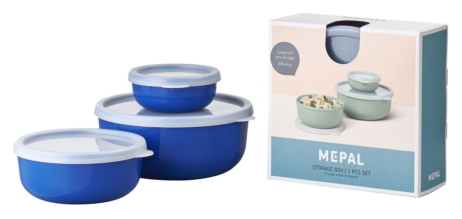 Dreiteiliges blaues Vorratsdosen-Set Lumina mit luftdichten Deckeln, seitliche Perspektive.
