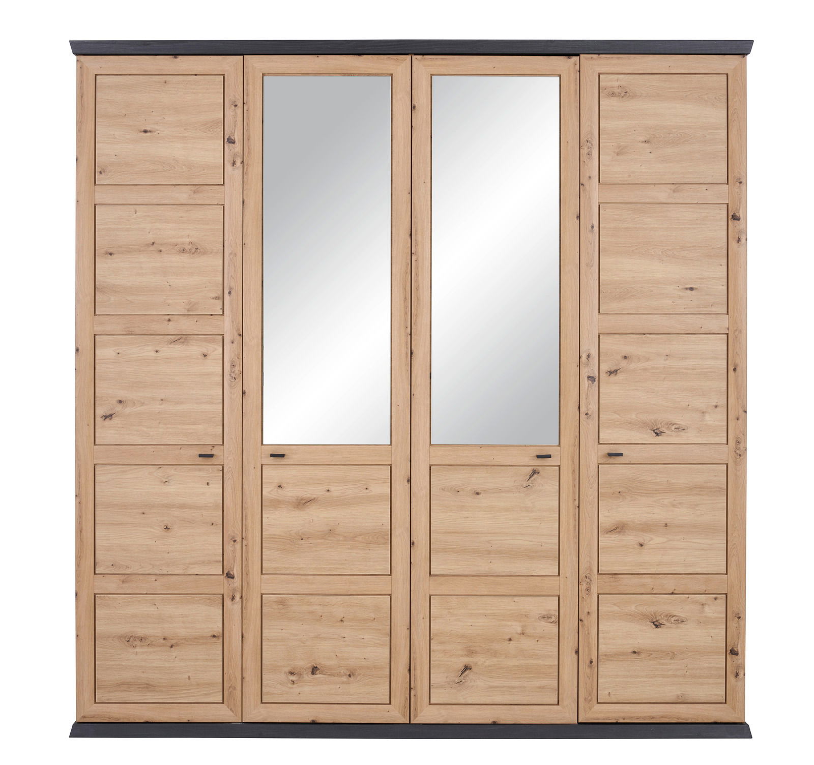 4-türiger Drehtürenschrank aus Holz mit zwei Spiegeltüren in der Mitte, Frontalansicht