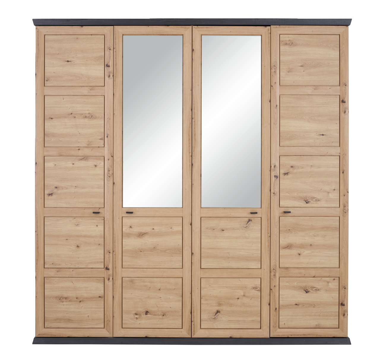 4-türiger Drehtürenschrank aus Holz mit zwei Spiegeltüren in der Mitte, Frontalansicht