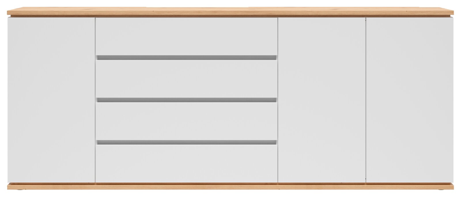 Modernes weißes Sideboard mit Holzplatte und Holzsockel, mittig drei Schubladen und seitlich je eine Tür, Frontansicht