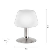 Moderne Tischleuchte aus Stahl mit weißem Lampenschirm, frontale Ansicht, Höhe 20 cm, Durchmesser 15 cm.