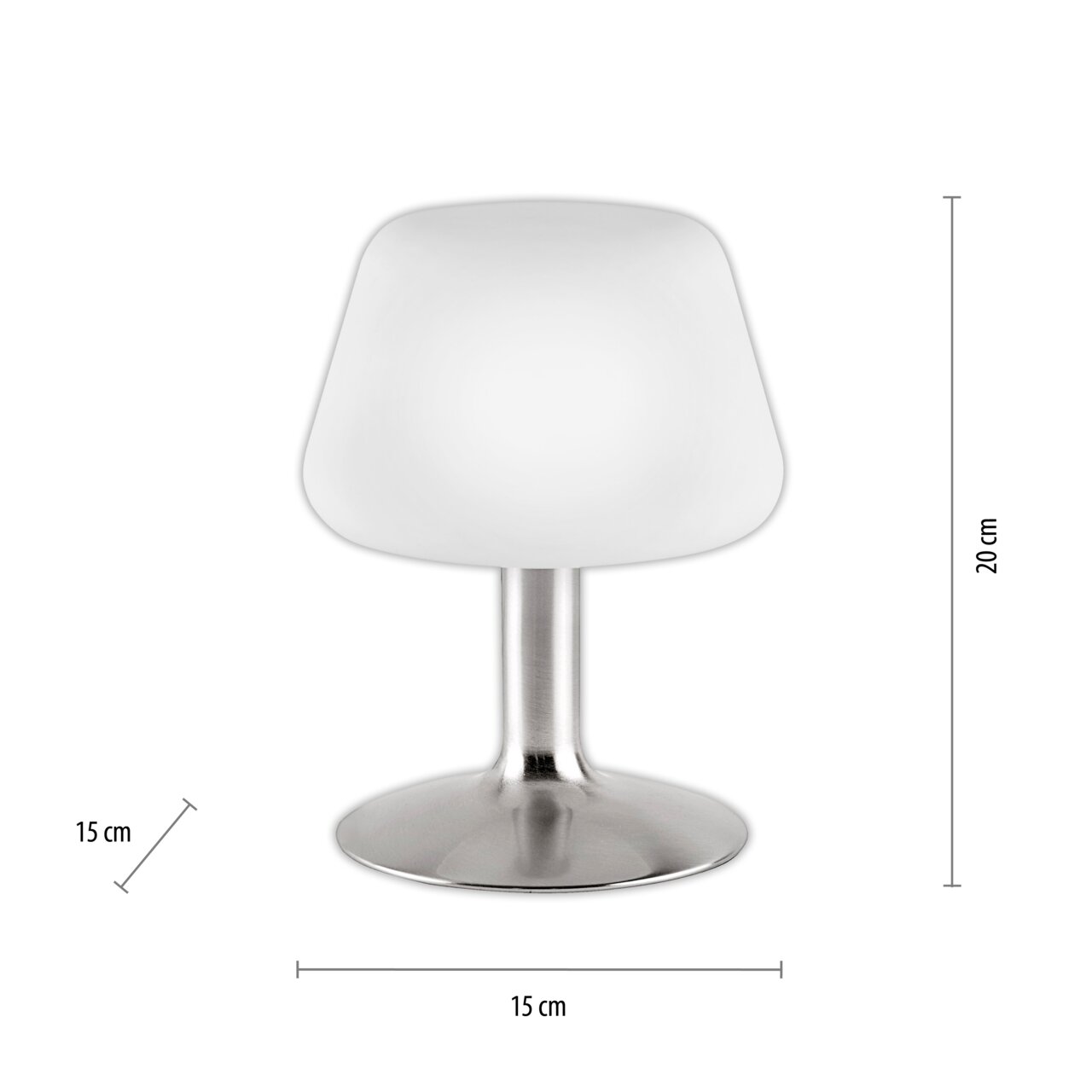 Moderne Tischleuchte aus Stahl mit weißem Lampenschirm, frontale Ansicht, Höhe 20 cm, Durchmesser 15 cm.
