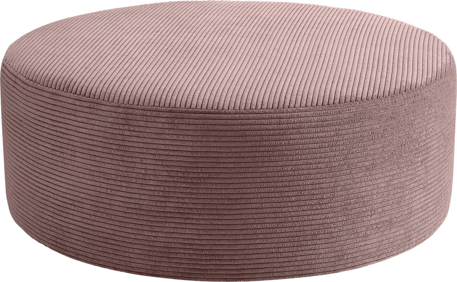 MID.YOU Grote kruk KOLO Runder, gepolsterter Pouf/Hocker in Altrosa mit gerippter Cord-Optik, freigestellt auf weißem Hintergrund, Ansicht schräg von oben (3/4-Perspektive)