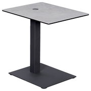 Moderner Beistelltisch mit quadratischer grauer Tischplatte und schwarzem Metallgestell, seitliche Perspektive