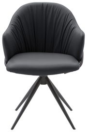 Moderner Armlehnstuhl in schwarzem Leder mit vier schlanken Metallbeinen, Frontalansicht.